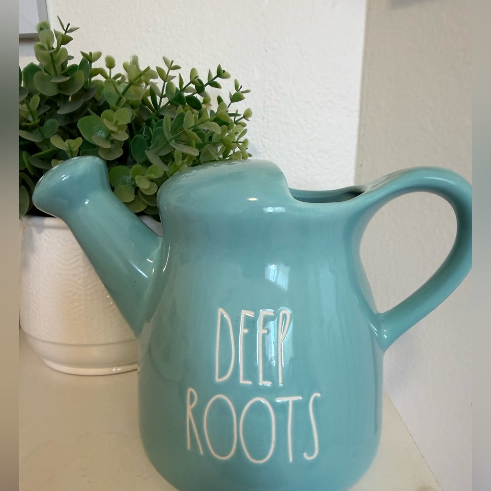 NWT- Rae Dunn Aqua Ceramic “ deep roots” watering can.